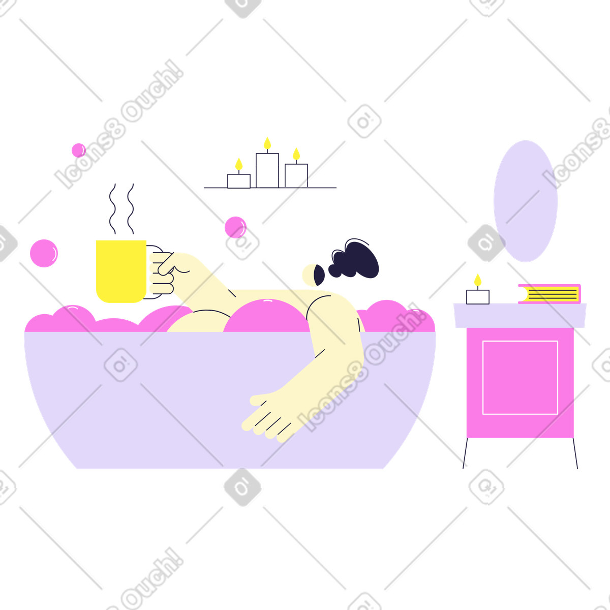 Ilustração de Spa day with bubble bath, candles, and hot drink, self care stress relief em no estilo Mellow para baixar em PNG, SVG