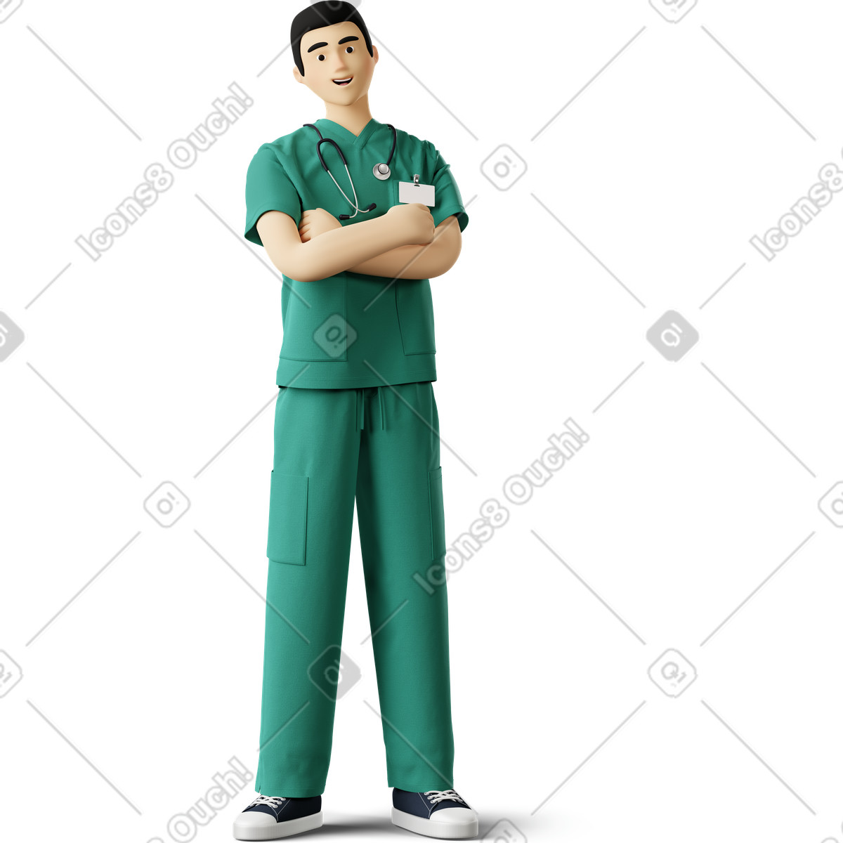 3D Business 스타일의 Young doctor standing with crossed arms 일러스트레이션 PNG, SVG 다운로드