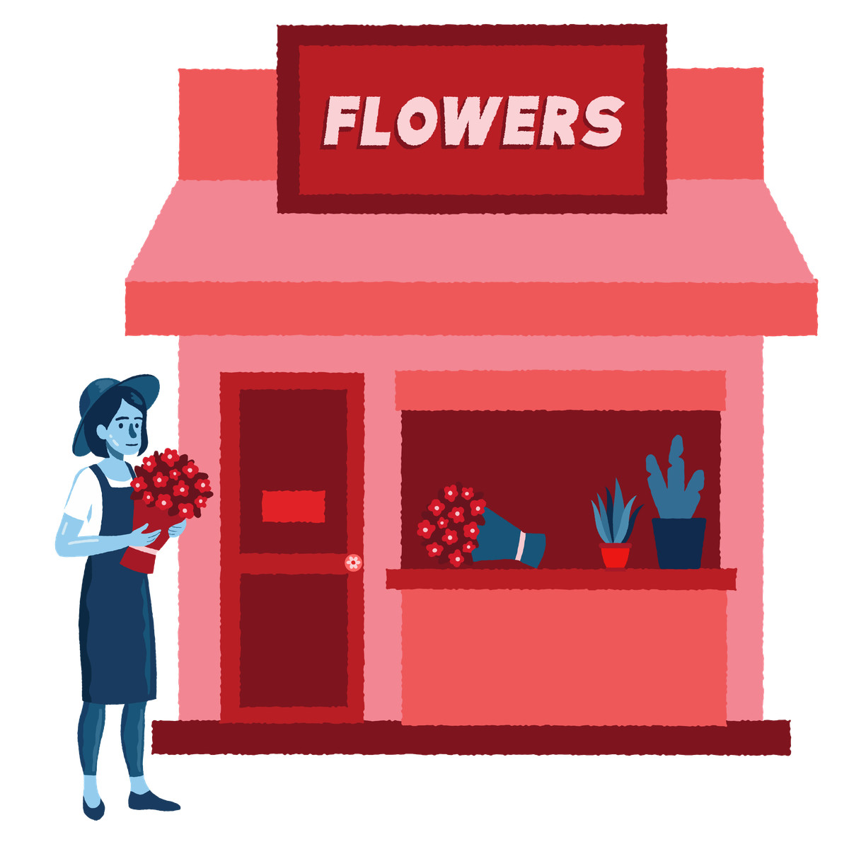 Illustration Florist holding bouquet near flower shop dans le style Cherry à télécharger aux formats PNG, SVG