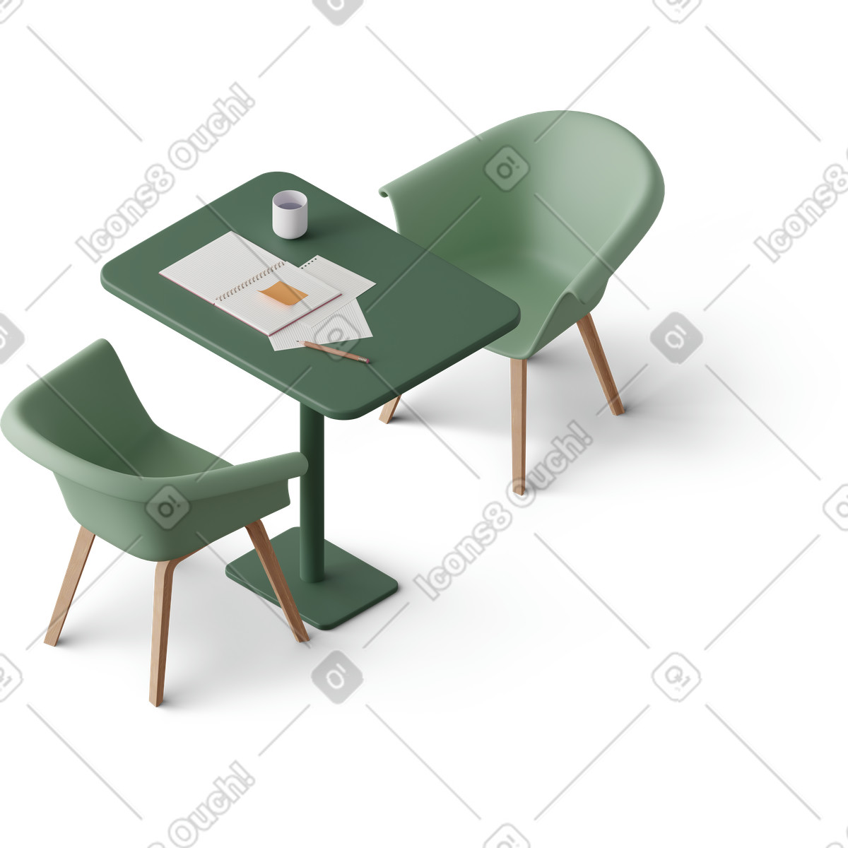 Isometric view of coffee table with notebook and papers illustration in 3D Hygge style download in PNG, SVG