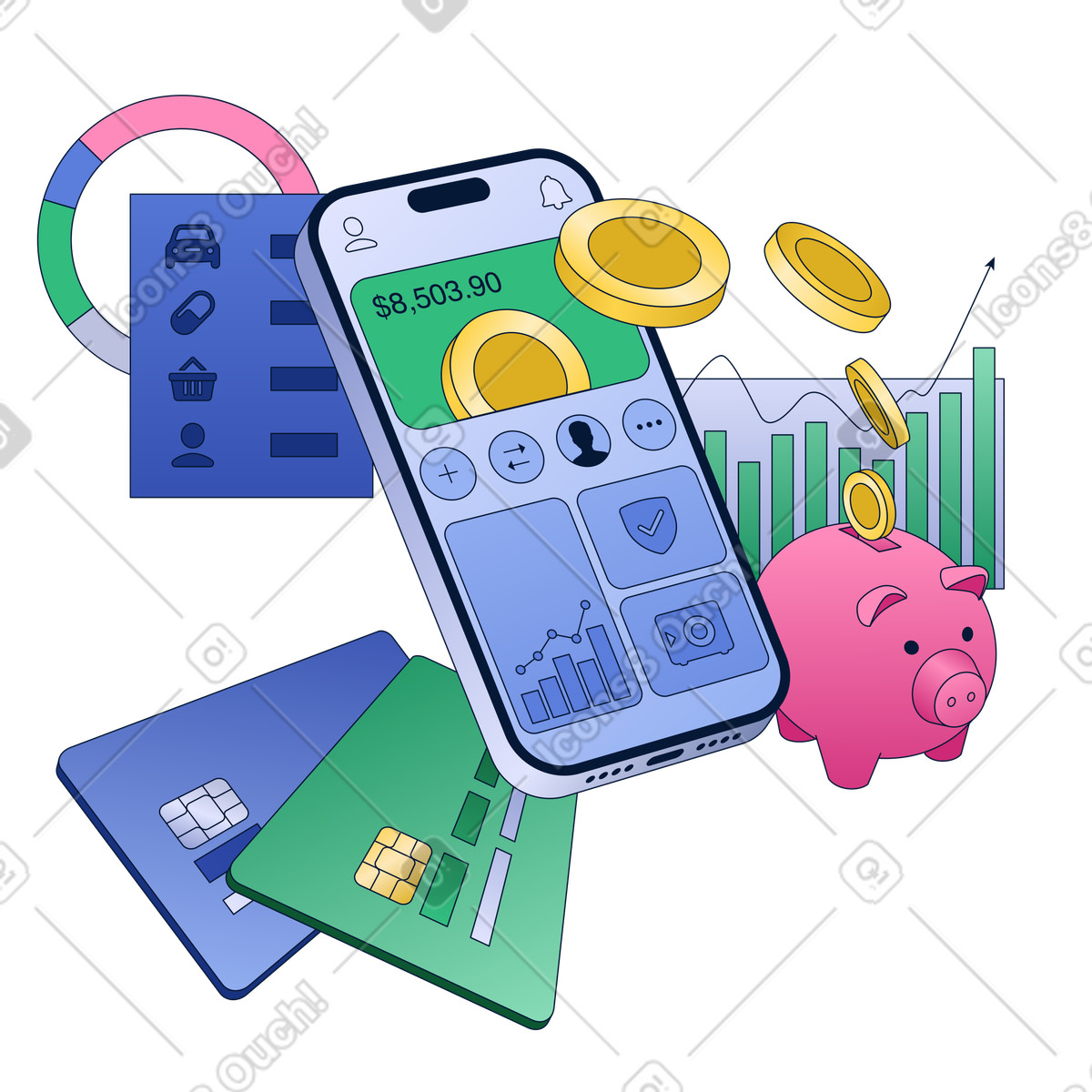 Illustration Gérer ses finances personnelles avec une application mobile dans le style Neat à télécharger aux formats PNG, SVG