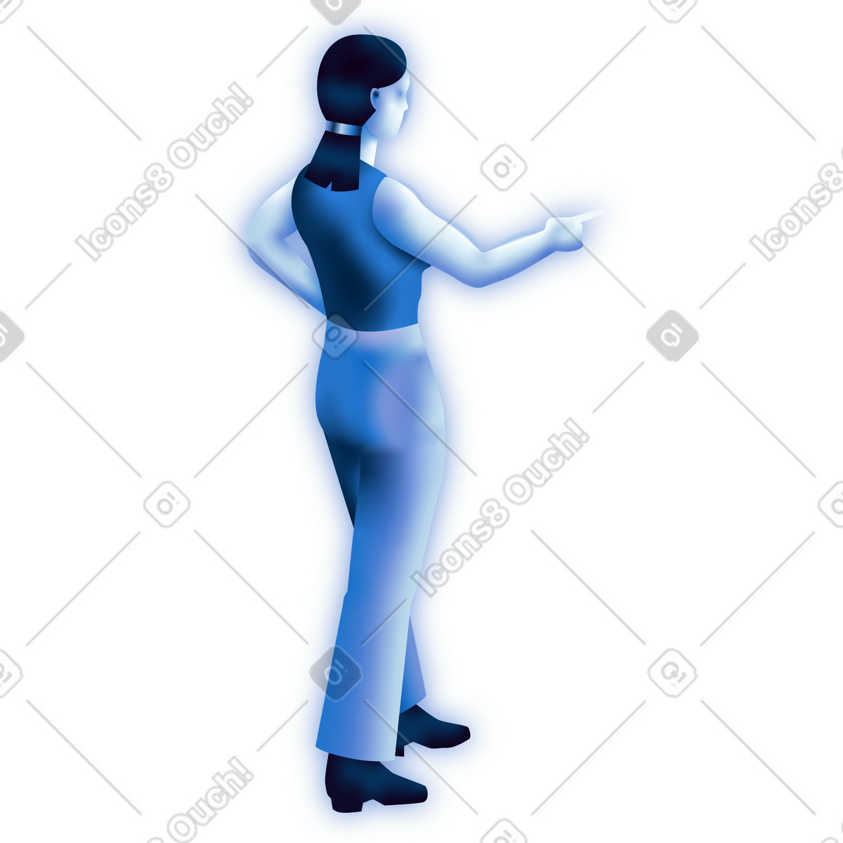 Three quarter back view of woman pointing at something illustration in Dimension style download in PNG, SVG