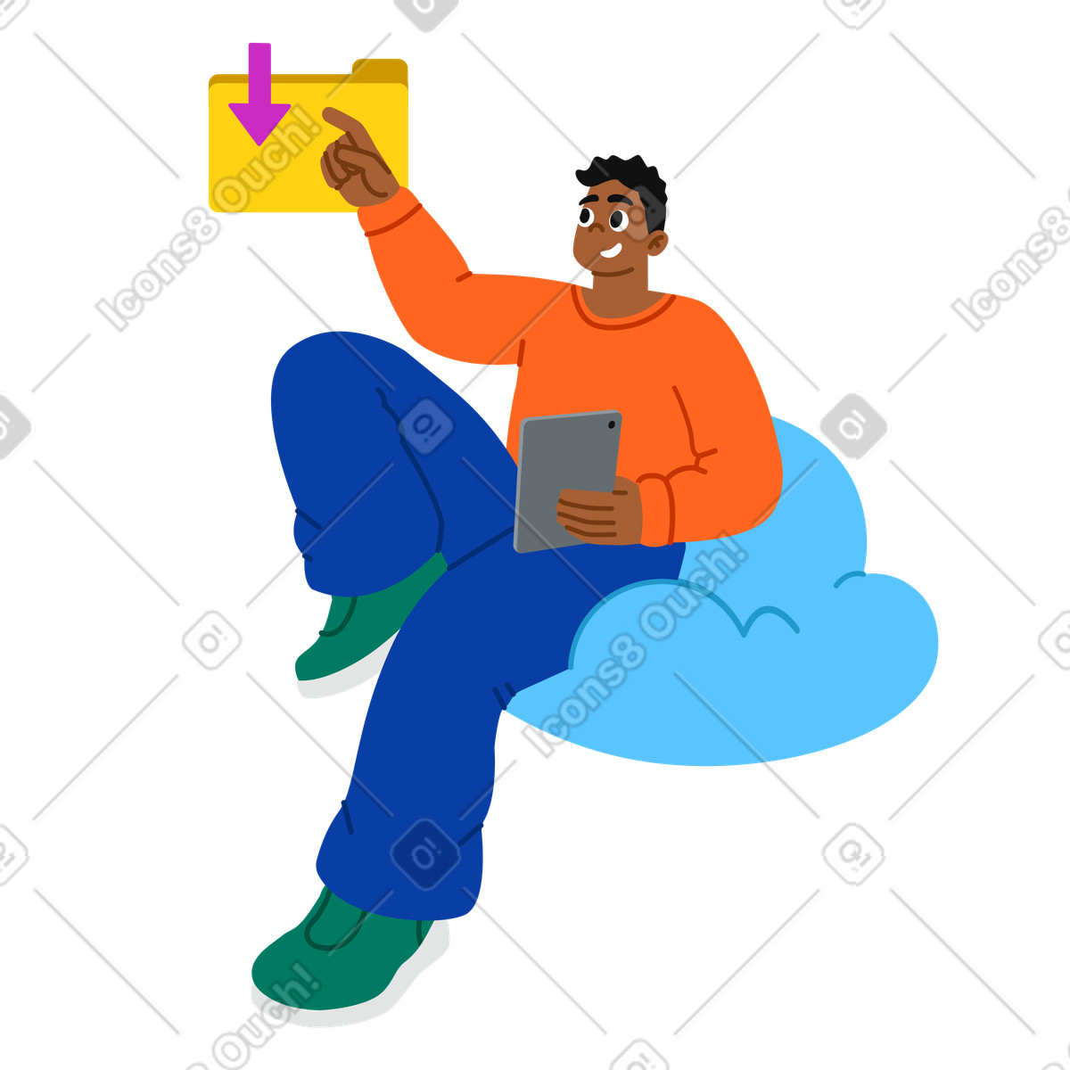 Person downloading files from cloud, remote data access illustrazione in stile Active scarica in PNG, SVG