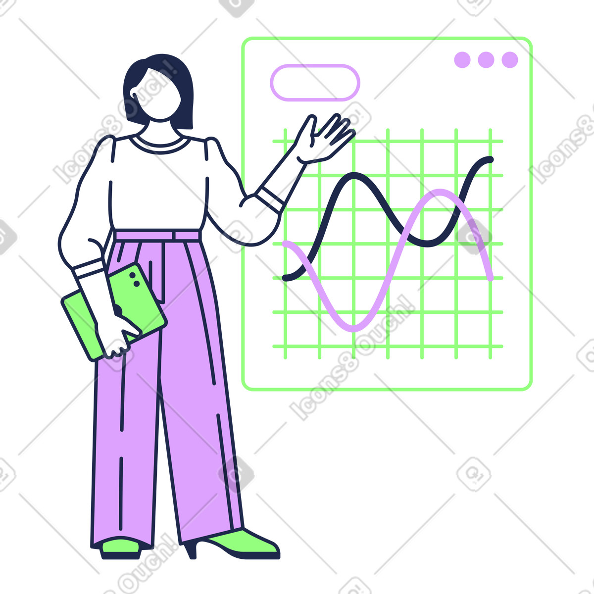 Presenter explaining line graph, Financial analysis or growth trends illustration in PNG, SVG