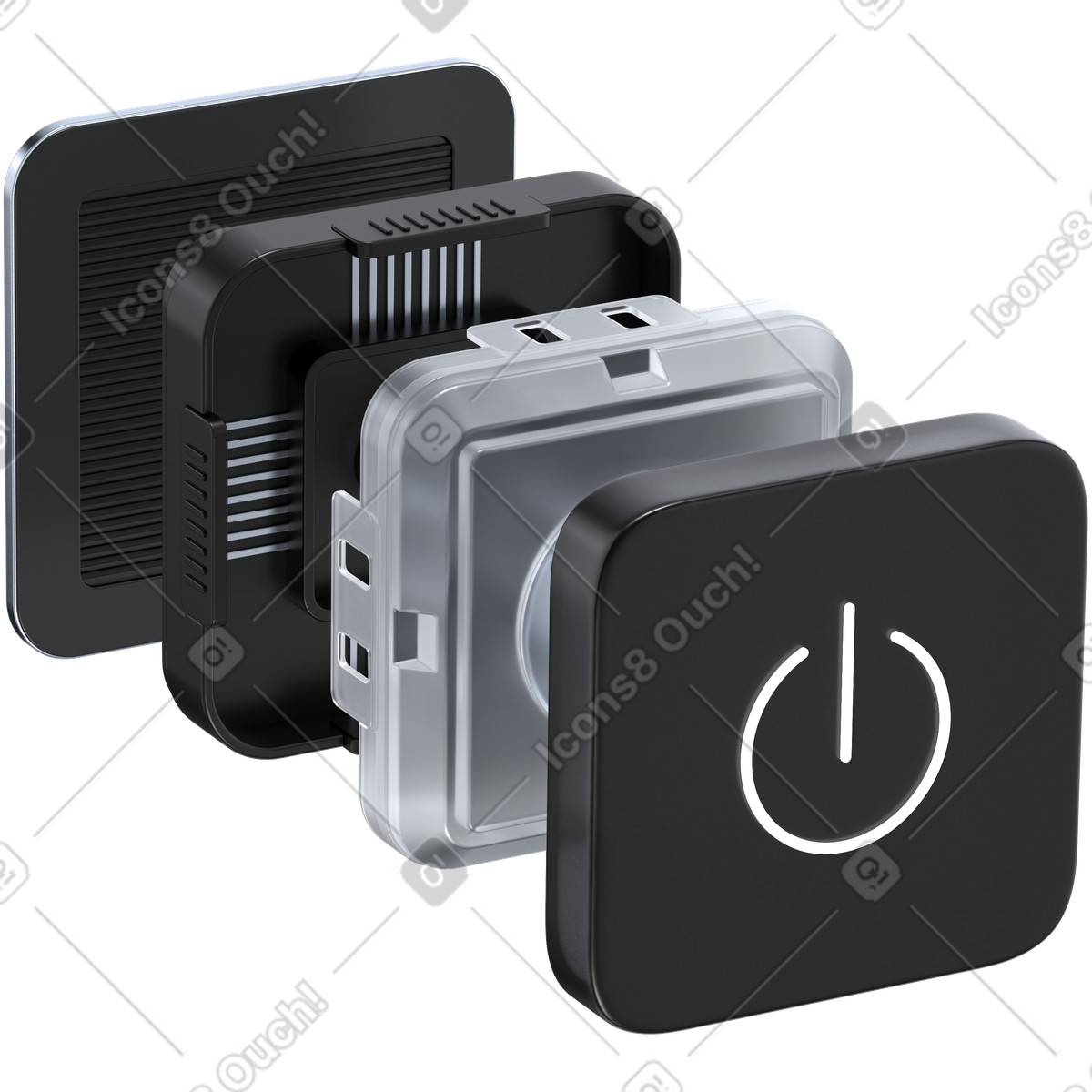 Illustration Power button exploded view showing internal layers and component structure dans le style 3D Pro à télécharger aux formats PNG, SVG