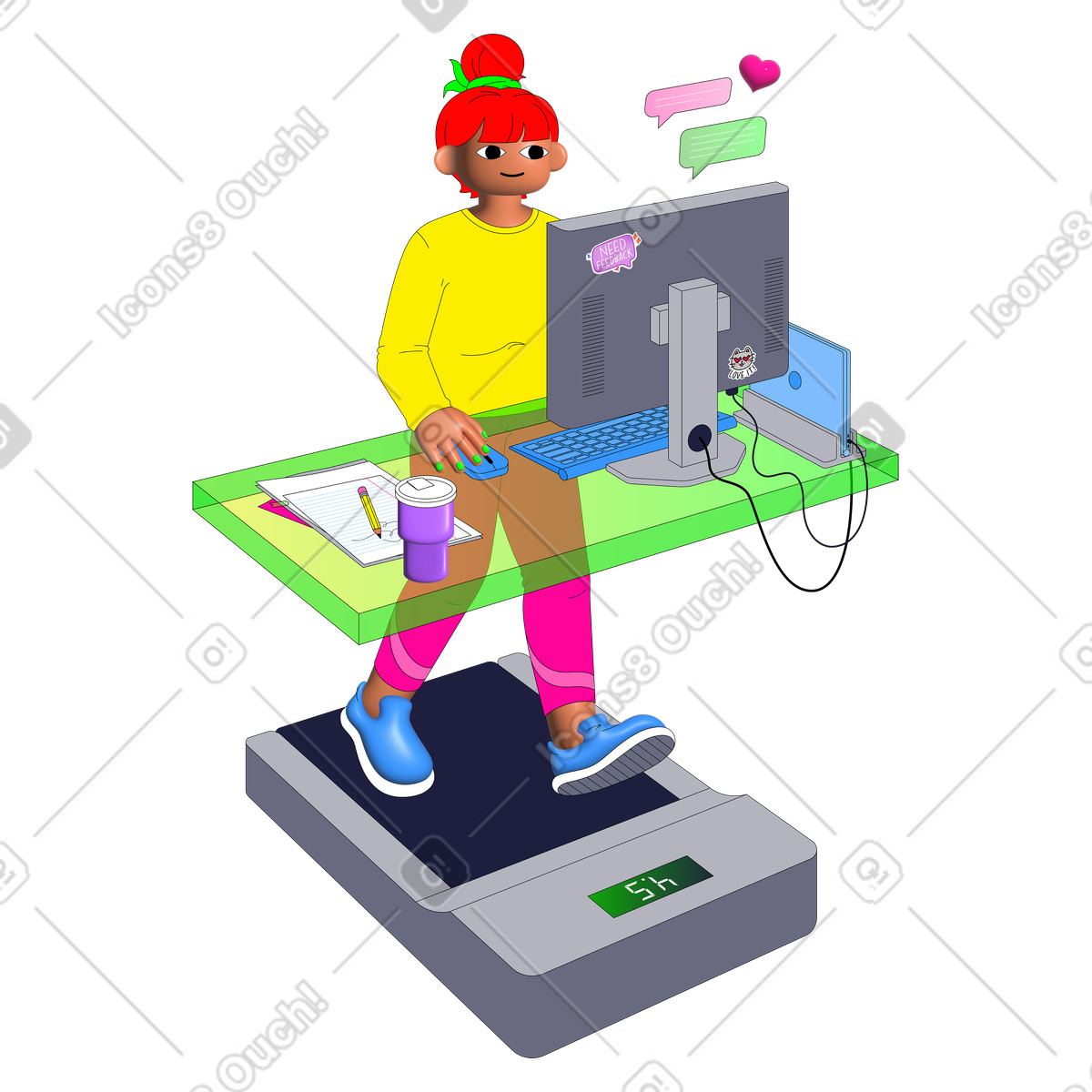 Woman at treadmill desk working from home illustration in Pop style download in PNG, SVG