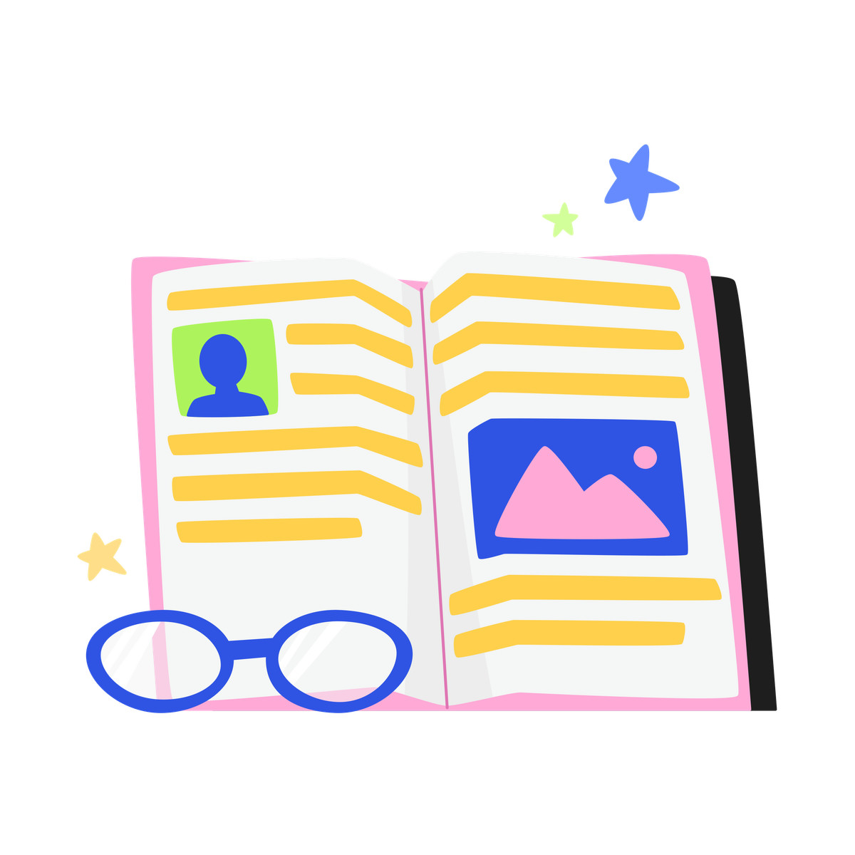 Ilustración animada Open book, glasses and stars en estilo Bouncy a descargar en GIF, Lottie (JSON), AE