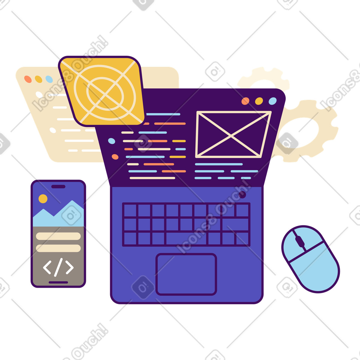 Smartphone and code editor on laptop, User interface prototyping coding illustration in Simplistic style download in PNG, SVG