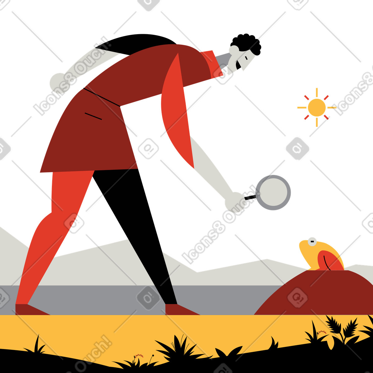 Observer examining frog with magnifying glass outdoors, Nature research and discovery-Illustration im Burgundy-Stil als Download in PNG, SVG