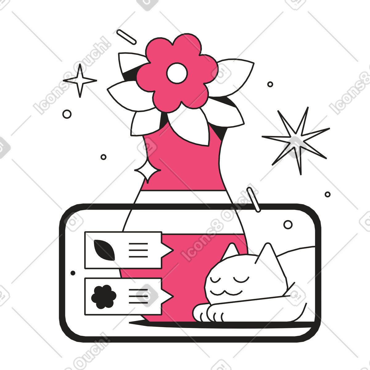 Phone displaying AR flower and cat illustration augmented reality clipart PNG graphics