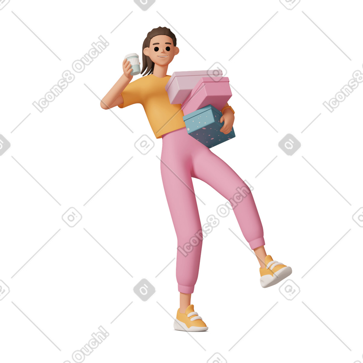 Young woman balancing on one hand with boxes and coffee cup in hands illustration 3D Casual life style download PNG, SVG