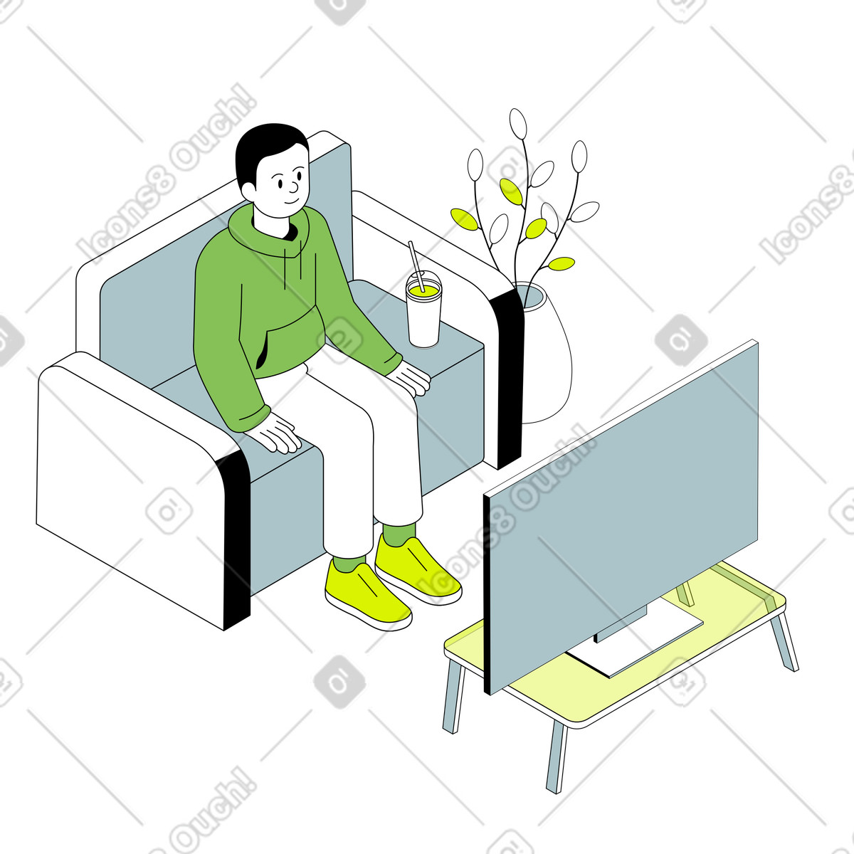 Mann schaut zu hause fern-Illustration im Isometric-Stil als Download in PNG, SVG