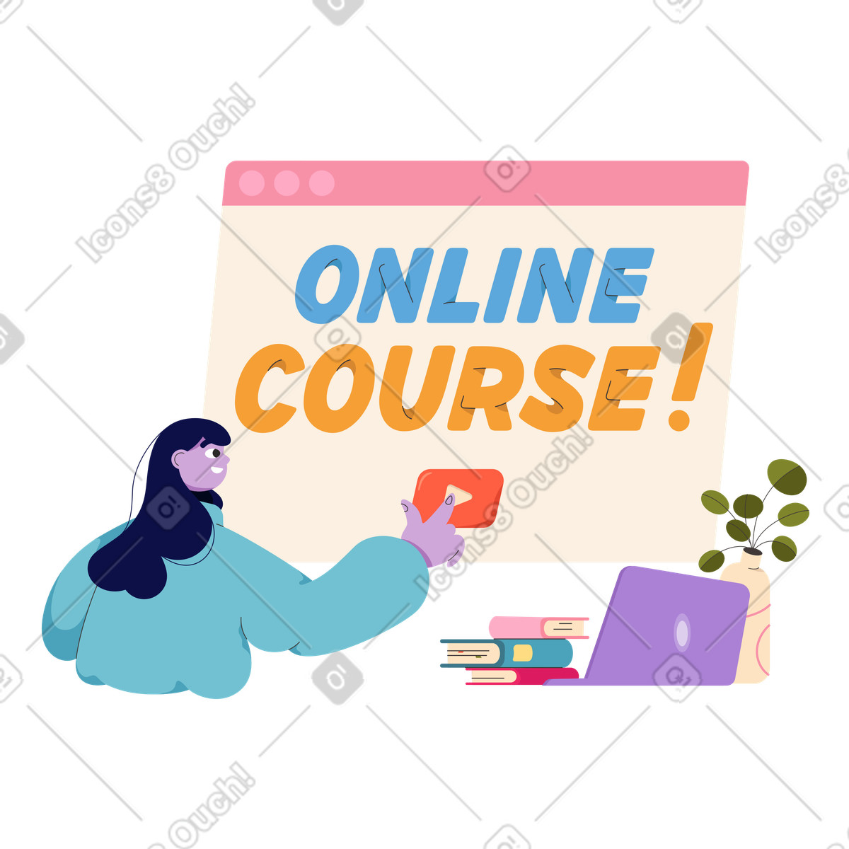 Illustration Texte de cours en ligne dans le navigateur et fille appuyant sur un bouton style Dizzy à télécharger aux formats PNG, SVG