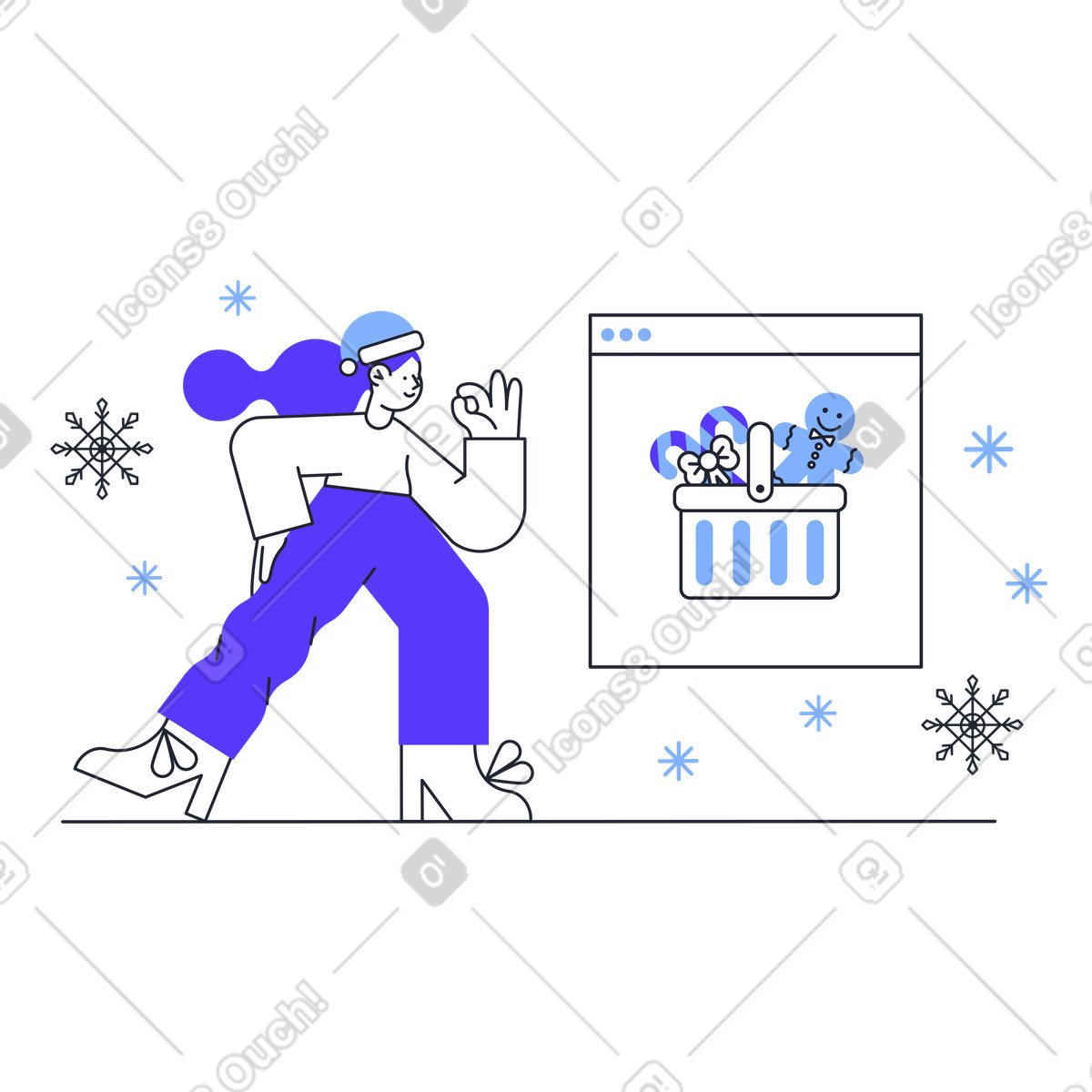 Frau mit weihnachtsmütze gibt okay-zeichen und kauft online weihnachten ein-Illustration im Pablita-Stil als Download in PNG, SVG