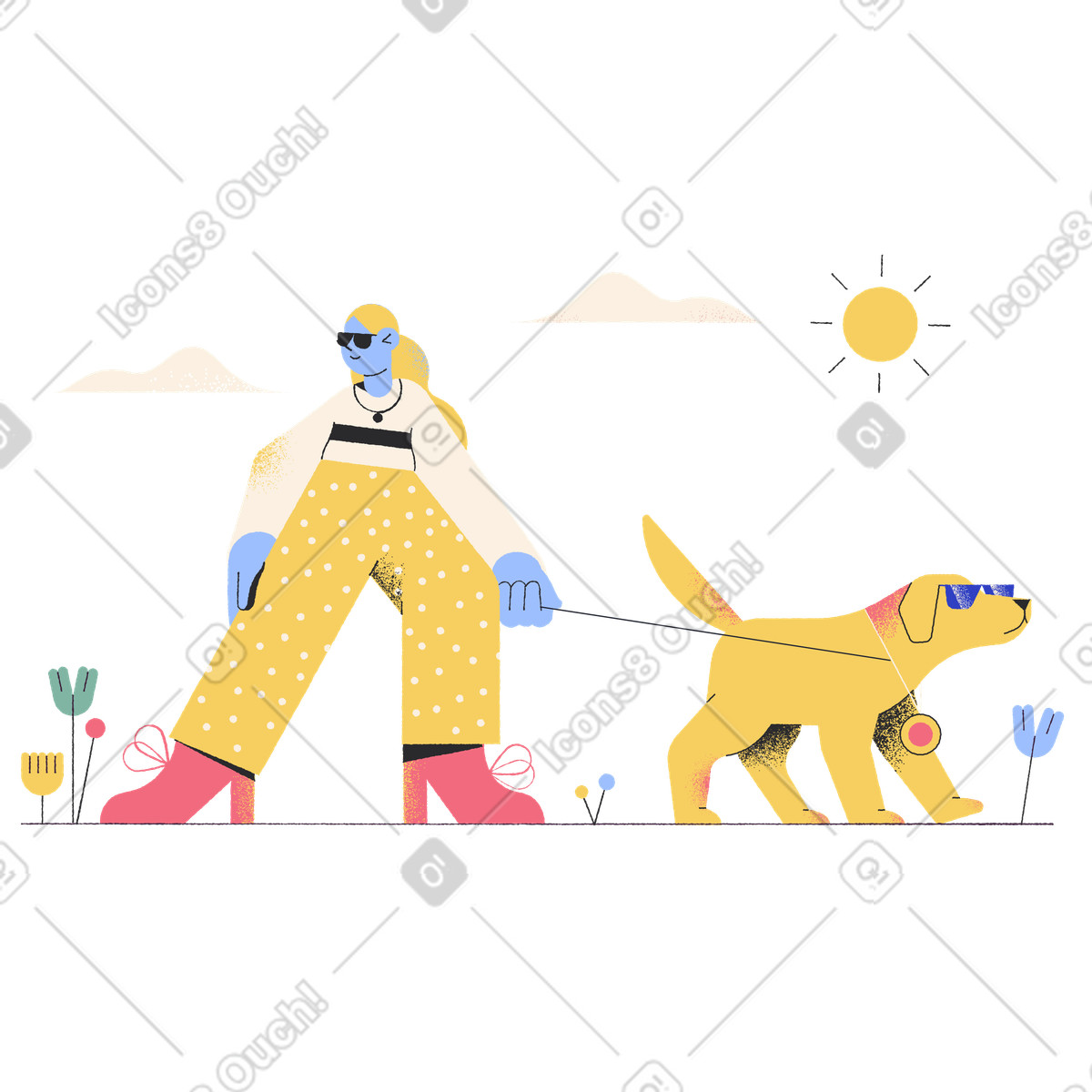 Ilustração de Mulher legal óculos escuros passeando com seu cachorro em no estilo Pablo para baixar em PNG, SVG