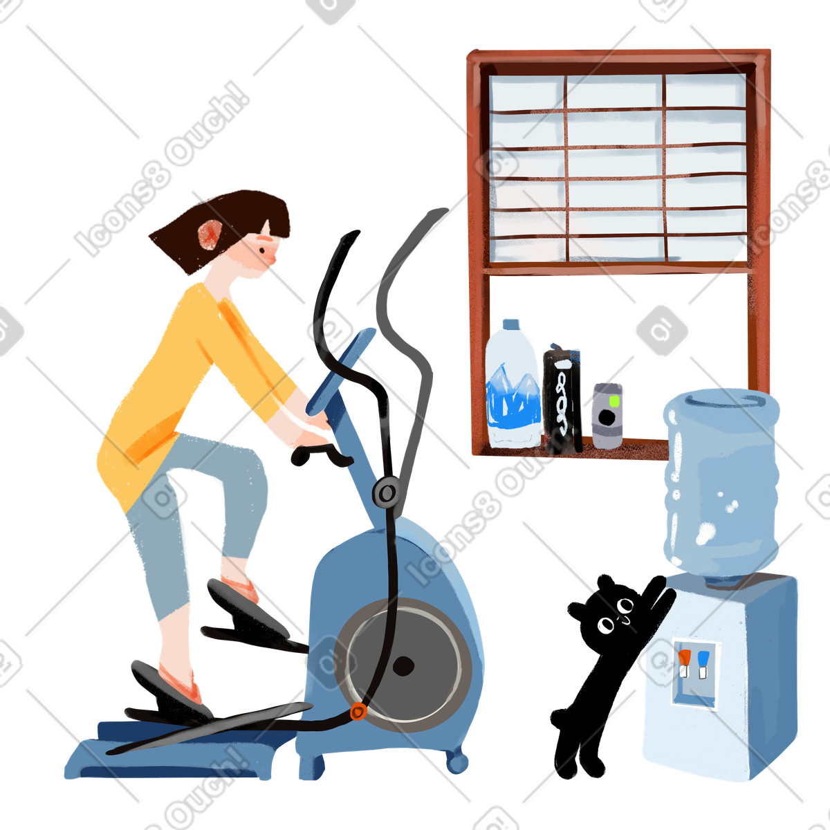 Girl goes in for sports at home on the elliptical trainer illustration Ikigai style download PNG, SVG