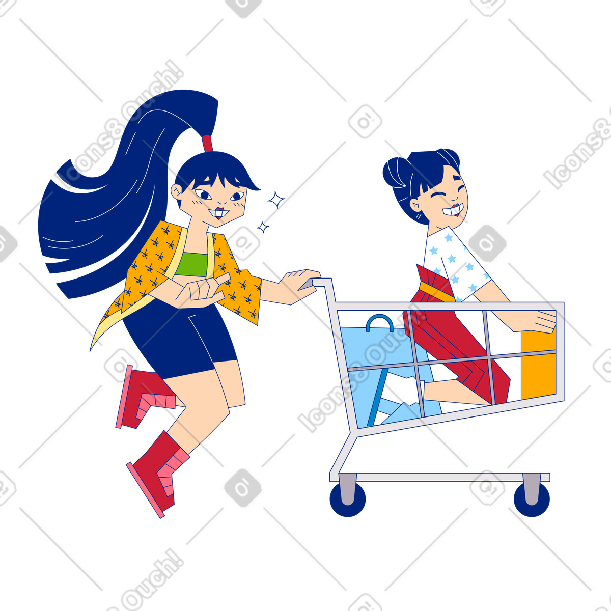 Ilustração de Two friends with shopping cart, Fun retail experience and friendship em no estilo Neo-Sakura para baixar em PNG, SVG