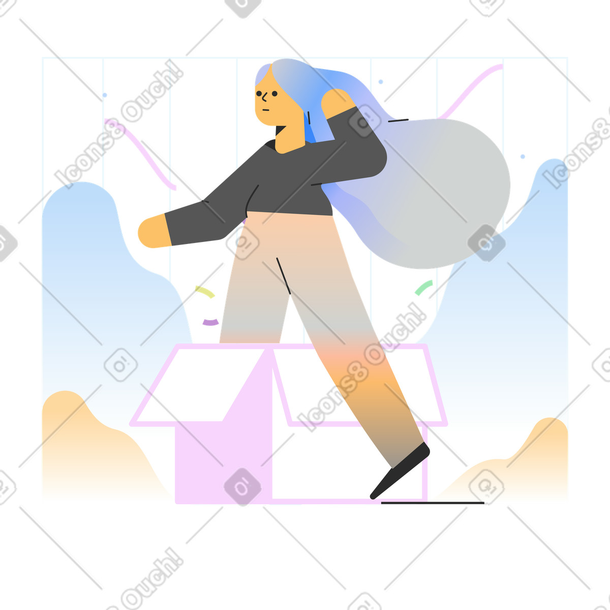 Ilustração de Mulher em pé uma caixa papelão no estilo Marginalia para baixar PNG, SVG