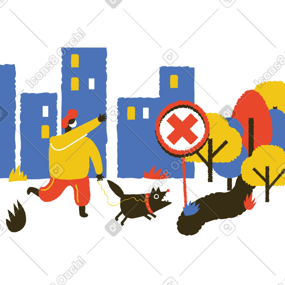 Ilustración Hombre paseando a su perro y señalando una señal de prohibido el paso en estilo Bermuda descargar en PNG SVG