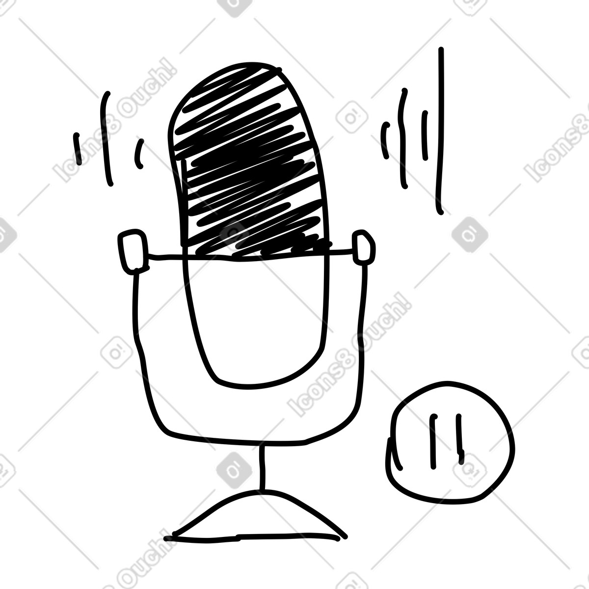 下载 Rough Sketch 风格的 Microphone on stand with sound waves and pause button symbol 插画，支持 PNG、SVG 格式