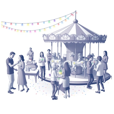 A vibrant party scene unfolds in a spacious outdoor area. Groups of people are mingling and laughing, some holding drinks while others engage in lively conversations. In the background, a vintage carousel showcases intricately painted wooden horses, each adorned with decorative elements. Colorful lights are strung above, creating a festive atmosphere. The ground is covered with scattered confetti, adding to the celebratory feel. Tables are set with cheerful decorations and snacks, contributing to the joyful gathering.