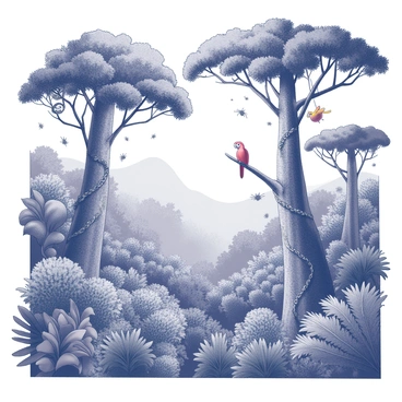 A dense rainforest filled with a diverse array of foliage. Towering trees with broad canopies dominate the scene, their trunks covered in thick, textured bark. Various species of plants grow densely on the forest floor, including ferns and large-leaved shrubs. Vines snake their way up the tree trunks, intertwining with the branches. Inhabitants of the rainforest can be seen among the greenery: brightly colored birds perched on branches, a small monkey swinging from tree to tree, and an array of insects crawling on the leaves. The air is thick with humidity, and the intricate details of the vegetation create a vibrant, bustling habitat.