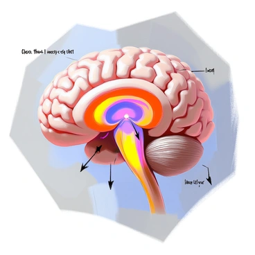 A realistic brain scan image highlighting an aneurysm with arrows and annotations
