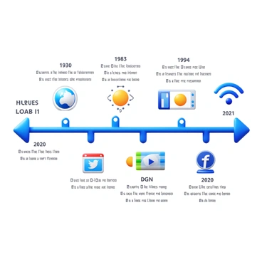 A timeline representing the evolution of the internet with significant milestones. The timeline stretches horizontally from left to right. On the far left, the year "1969" is noted, featuring an image of "ARPANET" being established. Next, in "1983", there is a visual of the first "DNS" being implemented. Moving along, the year "1991" showcases the launch of the "World Wide Web" with a globe symbol. The "2004" milestone depicts the rise of "social media" with recognizable icons like "Facebook" and "Twitter." Finally, the year "2020" highlights the expansion of "5G technology" with a wireless signal symbol. Each milestone is marked with a brief description in quotes, visually connecting the key developments in internet history.