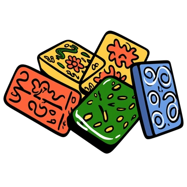 Close-up of a collection of colorful mahjong tiles featuring various intricate patterns. Each tile displays unique designs, such as flowers, dragons, and symbols in vibrant colors like red, green, and blue. The tiles are arranged closely together, highlighting their glossy surfaces and fine details. The light reflects off the tiles, emphasizing their craftsmanship and artistic elements.