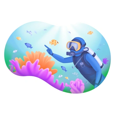A scuba diver equipped with a blue wetsuit and a transparent mask is underwater, observing a vibrant coral reef. The reef is filled with various types of coral in shades of pink, orange, and purple, creating a lively backdrop. Surrounding the coral are numerous fish species, including yellow clownfish, blue tangs, and schools of small shimmering silver fish. Sunlight filters through the water, casting a serene glow on the scene. The diver is pointing towards a particularly colorful coral formation.