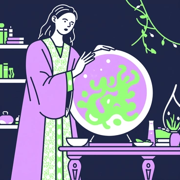 A witch is standing in a dimly lit room, gazing intently into a crystal ball. The crystal ball is resting on an ornate wooden table, surrounded by various mystical items such as candles and herbs. Inside the crystal ball, swirling mists of green and purple are visible, creating an enchanting effect. The witch is wearing a long, flowing robe adorned with intricate patterns. Her long hair cascades down her shoulders, and she holds her hands delicately over the crystal ball. The background includes shadowy shelves filled with ancient books and magical artifacts.