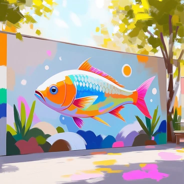 A mural located in a vibrant city park features a giant, colorful fish swimming through an abstract scene. The fish is portrayed with shimmering scales in shades of blue, green, and orange, creating a striking focal point. Surrounding the fish, the abstract background includes swirling patterns and shapes in various colors, evoking movement and energy. Leafy plants and stylized waves are integrated into the mural, enhancing the feeling of an underwater environment. The mural spans a large wall, inviting viewers to explore its details.