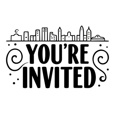A modern wedding card design featuring a detailed city skyline silhouette in the background. The skyline includes various iconic buildings and structures with distinct shapes, outlined sharply. In the foreground, the words "You're Invited" are prominently displayed in elegant lettering. Decorative elements like swirling lines or floral designs flank the text, enhancing the overall composition of the card. The card layout is balanced and visually appealing, drawing attention to the invitation message.