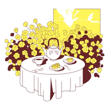 A yellow garden is set up for a tea party, with a white tablecloth draped over a round table. An elegant white tea set adorned with intricate patterns is placed neatly on the table, complemented by delicate yellow pastries arranged on elegant plates. Surrounding the table are vibrant flowers in full bloom, showcasing shades of yellow and contrasting colors. The sun filters through the leaves, casting soft shadows on the scene, creating a warm and inviting atmosphere for the gathering.