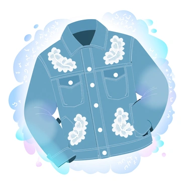 A denim jacket is displayed prominently, showcasing intricate "white lace appliqués" that are sewn onto the fabric. The jacket has a classic cut, featuring buttons down the front and pockets on either side. The denim is a medium blue hue, giving it a worn, casual look. The background consists of a textured surface that complements the streetwear theme, with hints of urban elements, such as graffiti or industrial structures. The overall vibe of the composition is one of modern fashion, emphasizing the unique blend of rugged denim and delicate lace.