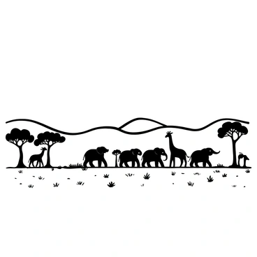A wide savannah landscape with rolling hills in the background. Several elephants are walking in a group, their large bodies silhouetted against the horizon. Nearby, tall giraffes stretch their necks to reach the leaves of acacia trees scattered throughout the scene. The ground is covered in dry grass and patches of earth. A few acacia trees stand tall, their distinctive canopies creating a unique outline against the sky.