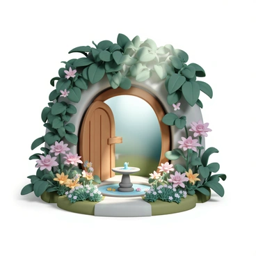 A hidden wooden door, partially covered with vines and moss, stands slightly ajar in a stone wall. Behind the door lies a secret garden filled with a variety of enchanted plants. Lush greenery surrounds colorful flowers that radiate a soft glow, while oversized leaves provide shade. In the center of the garden, a small stone fountain trickles water surrounded by vibrant blooms. Delicate butterflies flutter among the plants, and rays of sunlight filter through the tree canopy above, illuminating the magical scenery.