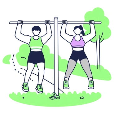 Two friends are performing synchronized pull-ups on a metal bar in a local park. The first friend has short hair and is wearing a green tank top along with black athletic shorts. The second friend has long hair tied back in a ponytail and is dressed in a purple sports bra and gray leggings. They are both gripping the bar with an overhand grip, their bodies aligned in matching upward positions. Behind them, there are trees providing shade, and a path runs along the side of the exercise area. In the foreground, there is a grassy patch with a few scattered leaves, adding a natural feel to the park scene.
