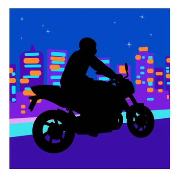 A dark silhouette of a biker riding a motorcycle, positioned prominently in the foreground. The biker is wearing a helmet and a leather jacket, with the bike's wheels slightly turned. In the background, a vibrant city skyline is illuminated with glowing lights in various colors, including orange, blue, and purple. The lights create a dazzling effect against the night sky, which is deep blue with scattered stars. The scene conveys a sense of motion and excitement, emphasizing the contrast between the dark silhouette and the bright city lights.