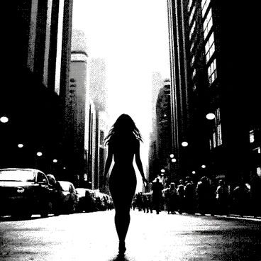 A female figure is walking through a bustling city street at sunset, casting a long silhouette against the backdrop of towering skyscrapers. The buildings are detailed with sharp edges and reflections from the setting sun. A crowd of pedestrians is scattered throughout the street, creating a sense of movement and activity. The sky is transitioning to darker tones, contrasting with the bright lights beginning to illuminate the surroundings. The female figure has long hair that flows gently as she walks, her posture confident and determined.
