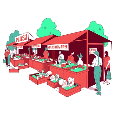 A red and teal street market is filled with various stalls showcasing a wide array of plastic-free products. Each stall is adorned with colorful banners displaying the words "Plastic-Free" in bold letters. Shoppers of diverse backgrounds are seen examining items such as reusable bags, glass containers, and bamboo utensils. Brightly colored fruits and vegetables are displayed in wooden crates, inviting customers to explore their fresh offerings. The atmosphere is lively, as vendors enthusiastically engage with customers, creating a sense of community and sustainability. A few trees provide gentle shade over the market, enhancing the vibrant scene.