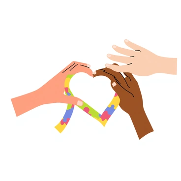 Three hands with different skin tones are positioned to form a heart shape in the center of the image. One hand has a light skin tone, another has a medium skin tone, and the third has a darker skin tone. Each hand is reaching towards the center, creating a unified heart. The autism ribbon, which features vibrant blue, red, yellow, and green puzzle pieces, is draped elegantly around the heart shape formed by the hands. The background is simple, allowing the focus to remain on the hands and the ribbon.