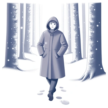 A person wearing a thick, warm coat is walking through a snowy forest. The coat is fastened tightly, and the hood is pulled up over their head, partially obscuring their face. Snowflakes are gently falling around them, landing softly on the coat. Tall trees covered in a thick layer of snow rise on either side of the path. The ground is blanketed in white, and the footprints of the person can be seen leading deeper into the forest. The overall scene conveys a sense of solitude and tranquility in the winter landscape.