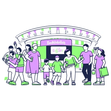 Families are gathering outside a stadium, displaying a sense of excitement and anticipation. A group of four people, two adults and two children, is walking towards the entrance, with the children wearing matching jerseys. The adults are holding tickets in one hand and snacks in the other. In the background, several other families are visible, some taking pictures while others point at a large display announcing the match. Colorful banners are hanging around the entrance, and the stadium itself looms large, with its distinctive architecture clearly outlined.