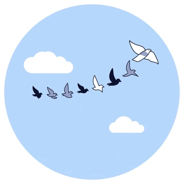 A flock of birds flying in a V-shaped formation across a vast open sky. The birds, with outstretched wings, vary in size and species, showcasing a blend of colors such as black, white, and gray. The sky is a bright blue with a few fluffy white clouds scattered throughout. The horizon is clear, emphasizing the openness of the environment.