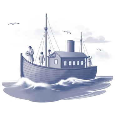 A large wooden ark is depicted sailing through a vast ocean. The structure has a sturdy, pointed roof and multiple windows along the sides. In the foreground, Noah stands at the helm, gripping a large wooden wheel, and wearing robes that flow in the wind. Next to him, his family is present: his wife is standing beside him, and three of their sons are busy adjusting the sails. The ocean waves are depicted as rolling and dynamic, creating a sense of movement, while the horizon stretches endlessly in the background. The sky above is filled with a mix of clouds, hinting at weather changes, and seagulls can be seen circling above the ark.