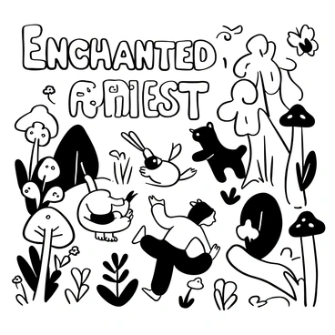 A group of cartoonish animals is engaged in a playful activity in a forest. There are multiple animals, including a rabbit jumping, a bear rolling on the ground, and a fox chasing after a butterfly. The trees in the forest have exaggerated, whimsical shapes, and the ground is covered with oversized mushrooms and large leaves. Various plants with unique textures and forms surround the animals, adding to the enchanted atmosphere. Words "Enchanted Forest" are displayed prominently in the image.