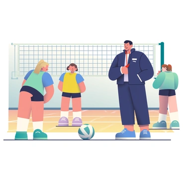 A coach with short black hair and wearing a red whistle around their neck is standing on a volleyball court, giving instructions to players. The coach is wearing a navy blue tracksuit and has a focused expression. In front of the coach, there are three players: one player with curly brown hair in a yellow jersey, another player with straight blonde hair in a blue jersey, and a third player with a ponytail in a green jersey. The players are in various stances, ready to practice, with one player preparing to serve. The volleyball sits on the court near the players. The background features a net dividing the court, and there are light gymnasium walls and hardwood flooring.