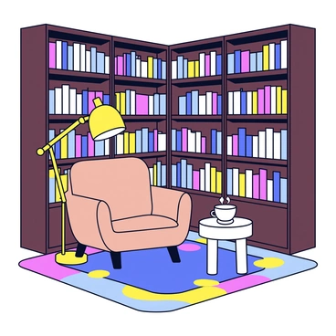 A cozy library corner with tall bookshelves filled with various books. The bookshelves are made of dark wood and extend from the floor to the ceiling. In the corner, there is a comfy armchair upholstered in a soft, muted fabric. A small table sits next to the chair, holding a steaming cup of tea. A warm light is coming from a floor lamp positioned beside the chair, creating a welcoming reading nook. A colorful rug is placed underneath, adding a touch of comfort to the space.