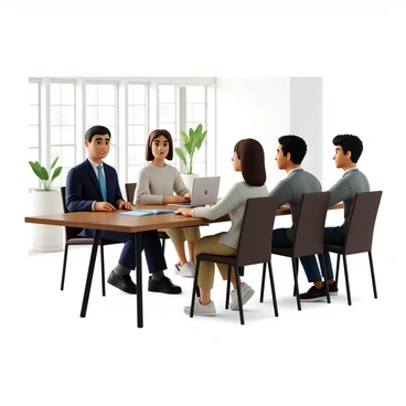 A financial advisor with short black hair, wearing a tailored navy suit and a light blue tie, sits at a sleek modern office desk. The desk is made of polished wood and has a laptop, a few financial documents, and a stylish pen. Across from the advisor, a young couple is engaged in conversation. The woman has long brown hair tied back in a ponytail, wearing a white blouse and beige skirt, while the man has short curly hair, dressed in a gray sweater and dark jeans. They are both leaning slightly forward, showing interest as they discuss investment options. The office has large windows that allow natural light to fill the space, and a few potted plants are visible in the background.